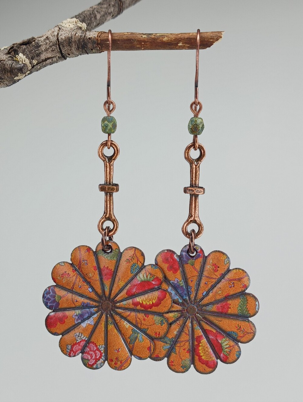 Burnt Orange Floral Earrings Antiqued Copper Green Glass Hand Crafted - Picture 3 of 6